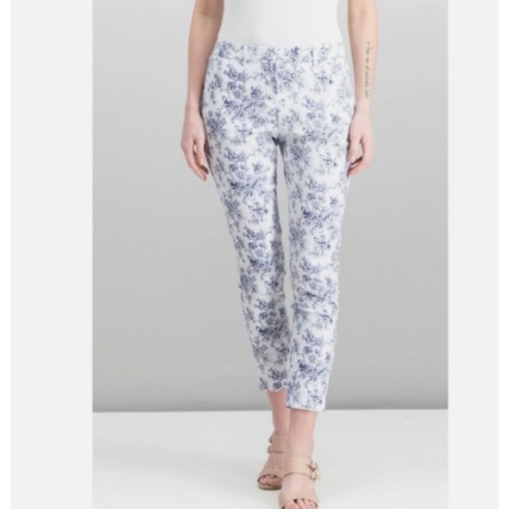 Mario Serrani Floral Ankle Pants Blue White Stretch Size 14